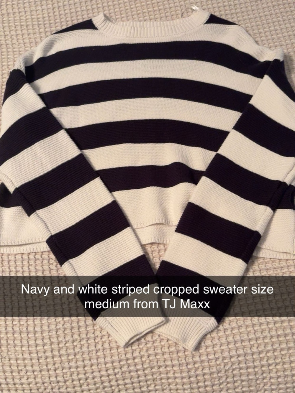 T.J.Maxx Navy and White Striped Cropped Crew Sweater